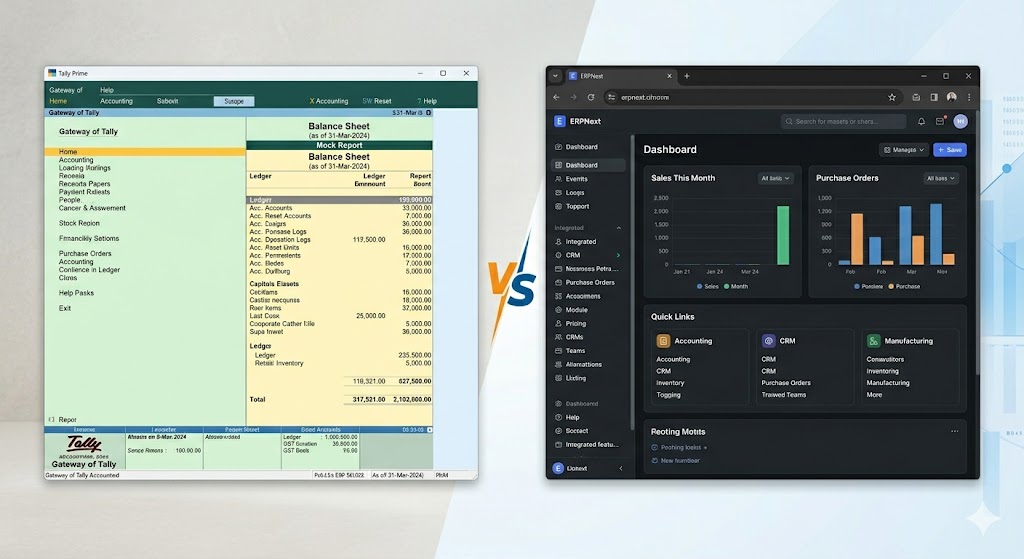 Tally Prime desktop interface vs ERPNext browser-based interface comparison